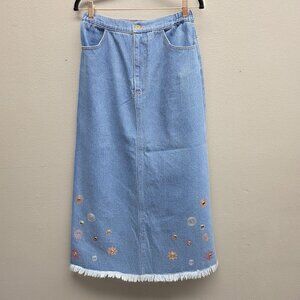 Vintage Monique Fashions Skirt Womens 6 Blue Denim Maxi Embroidered Fringe 90s